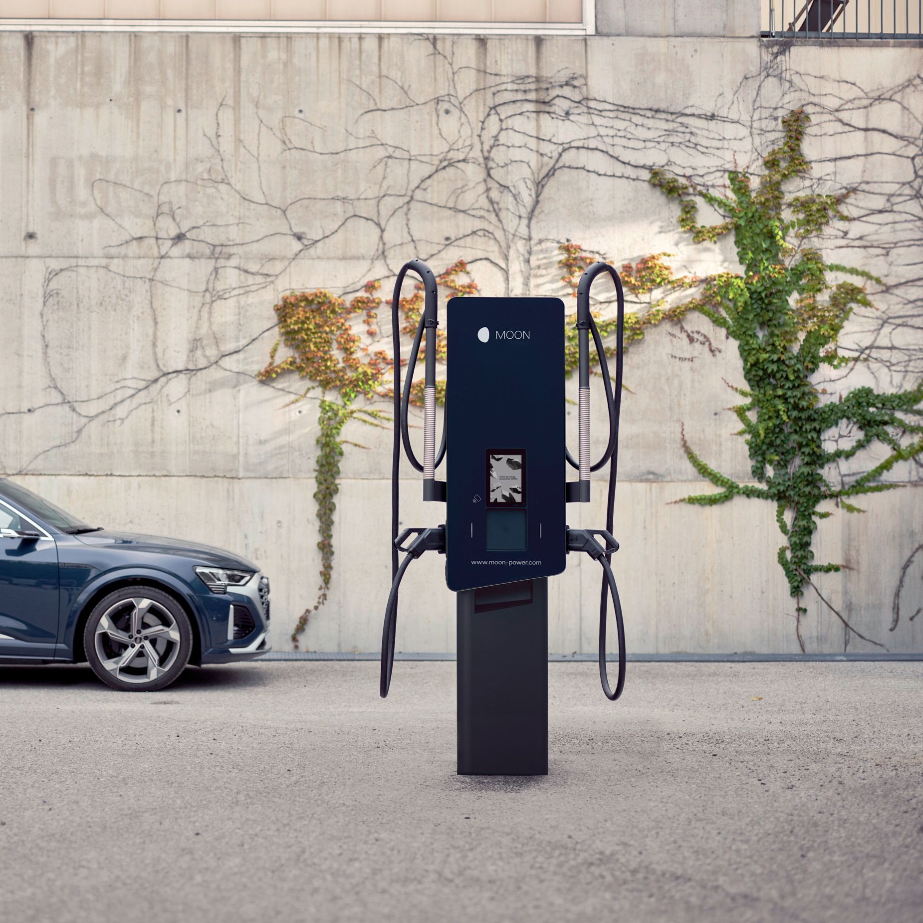 Wallbox und E-Auto vor einer bewachsenen Wand