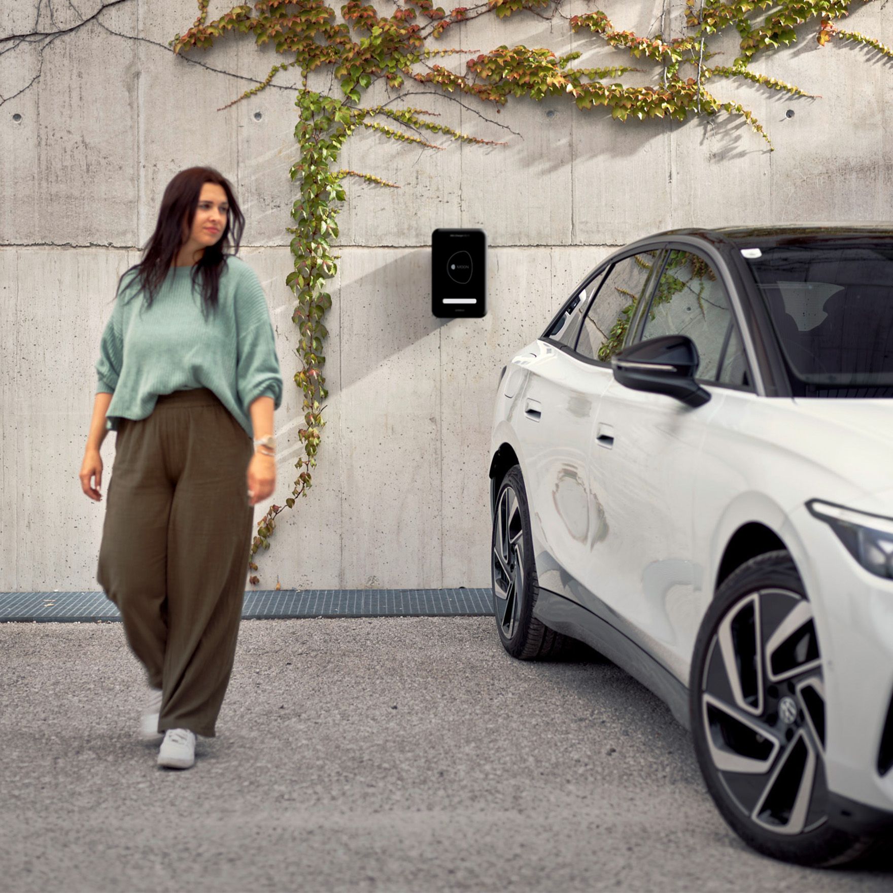 MOON POWER BiDi Charger on the wall behind a car